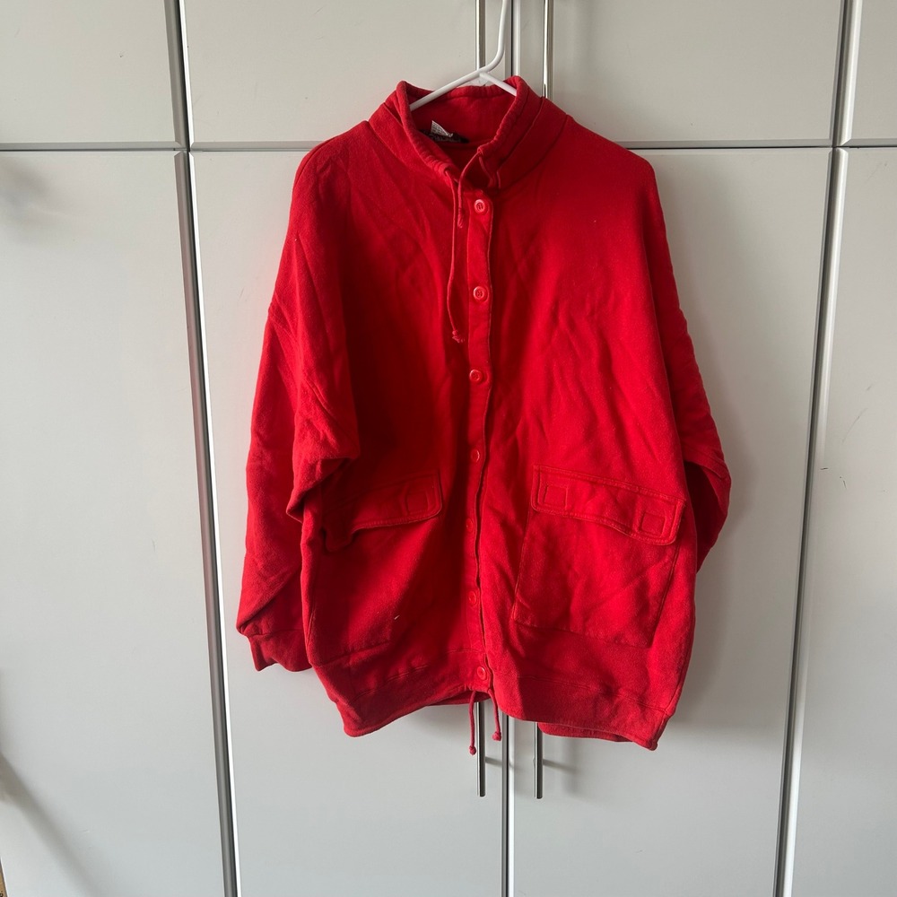 Vintage Either Or Red Button Front Sweatshirt Jacket Oversized Large Pockets